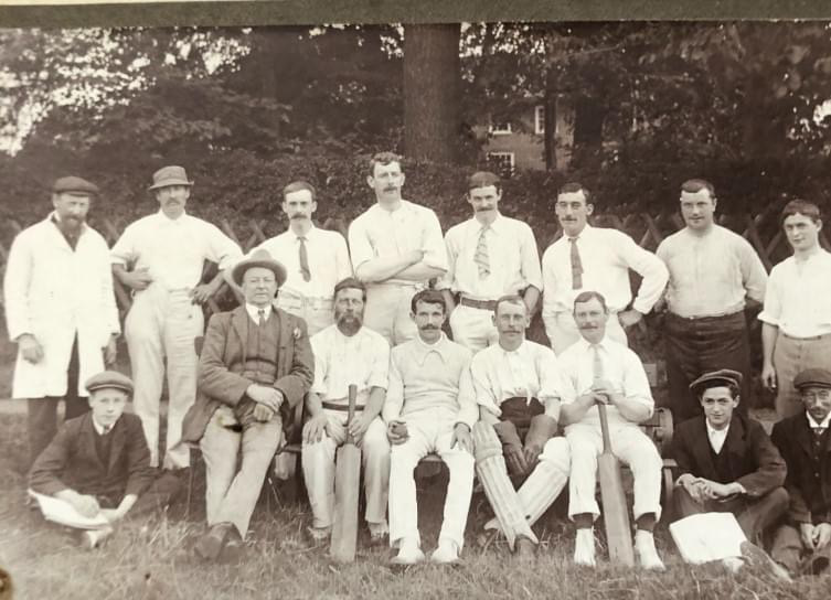 ​Lamberhurst Cricket Team on The Down around 1890. Picture includes: George Henry Barham Jen (one of the gentlemen holding the bat) and George Henry Barham Snr (top right).